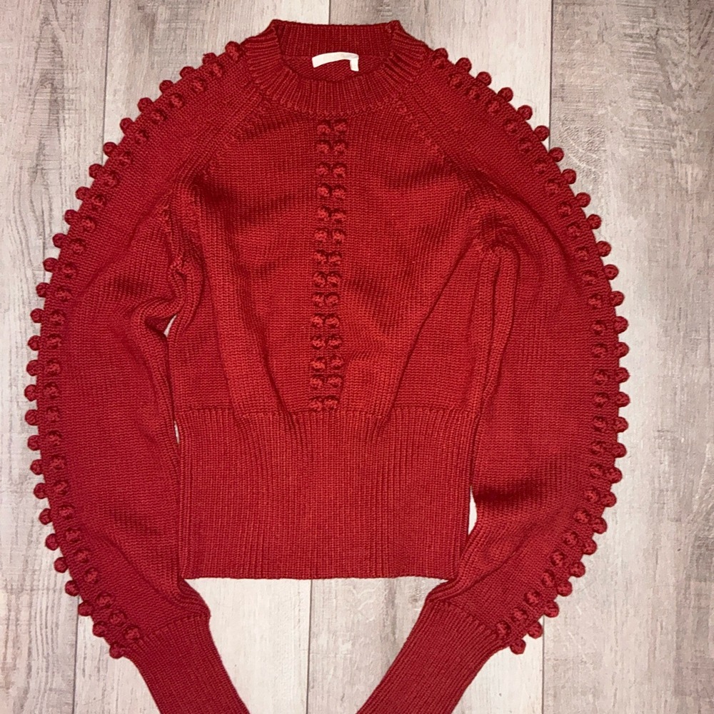 Authentic Chloe Women's Ginger Red Wool Knit Crewneck Pom‎ Pom Sweater Size S